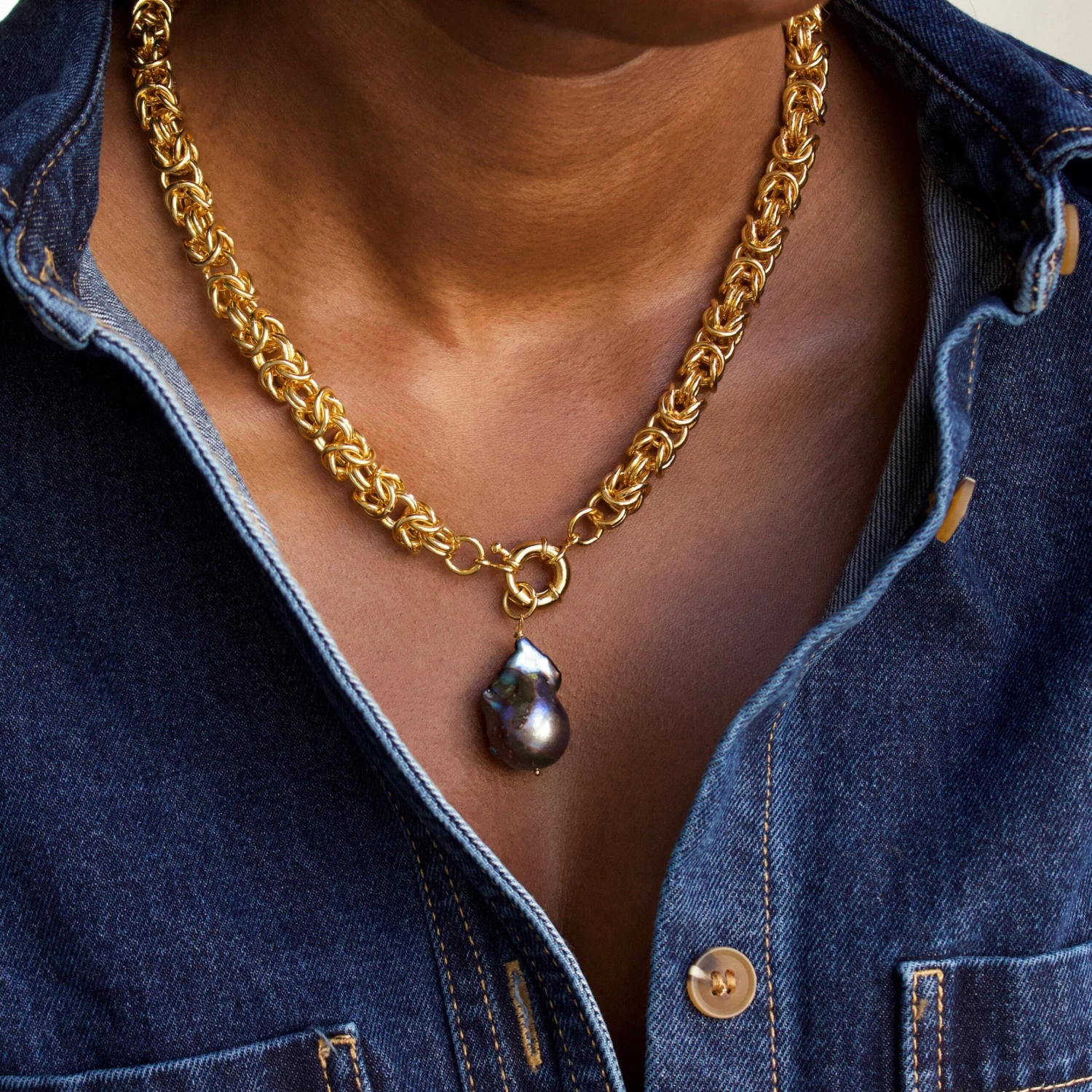 Baroque Black Pearl Chunky Chain Necklace 2 Baroque Black Pearl Chunky Chain Necklace - Image 2