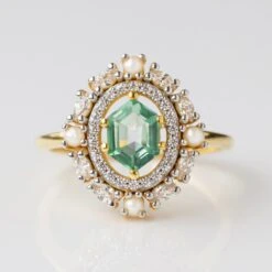 Garden Party Fern Green Topaz & Pearl Halo Vintage Ring