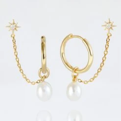Pearl Hoop & Chain Star Stud Earring