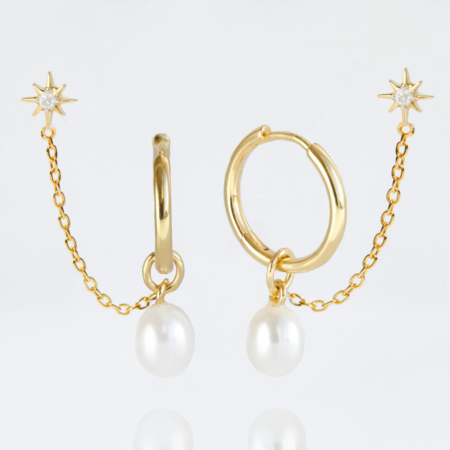 Pearl Hoop & Chain Star Stud Earring 1 Pearl Hoop & Chain Star Stud Earring