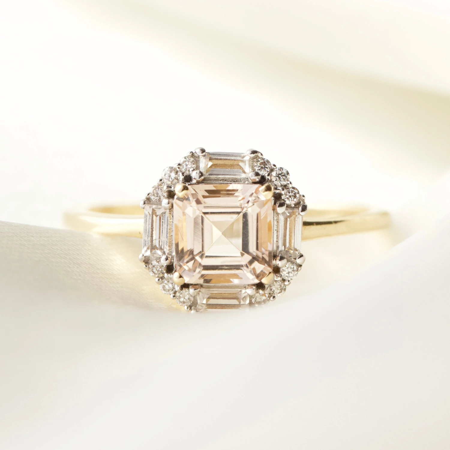 Ophelia Morganite, Sapphire And Diamond Ring 1 Ophelia Morganite, Sapphire And Diamond Ring