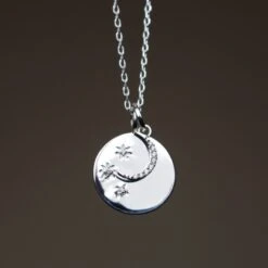 "We Will Look For You In The Stars" Coin Necklace With Crescent Moon Charm -Carrie Elizabeth HangingSilverNecklaceFront scaled