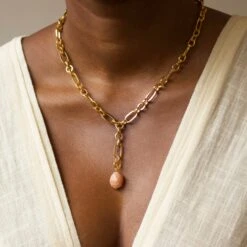 Peach Amazonite Chunky Chain Lariat 16 Peach Amazonite Chunky Chain Lariat -Carrie Elizabeth IMG 2039copy2 scaled