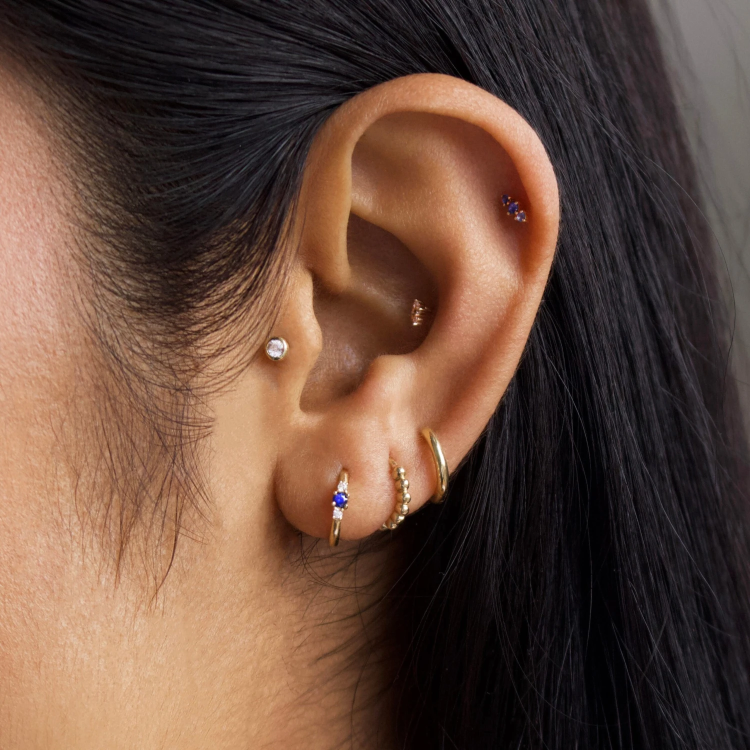 Blue & White Sapphire Huggie Hoop Earring 2 Blue & White Sapphire Huggie Hoop Earring - Image 2