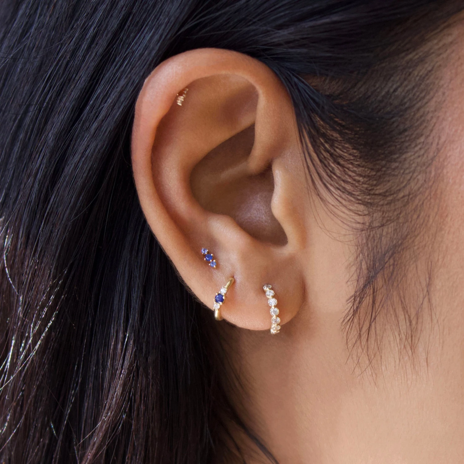 Blue Sapphire Triple Stone Stud Earring 2 Blue Sapphire Triple Stone Stud Earring - Image 2