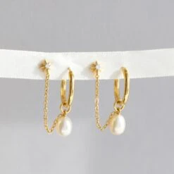 Pearl Hoop & Chain Star Stud Earring 6 Pearl Hoop & Chain Star Stud Earring -Carrie Elizabeth IMG 6391copy2