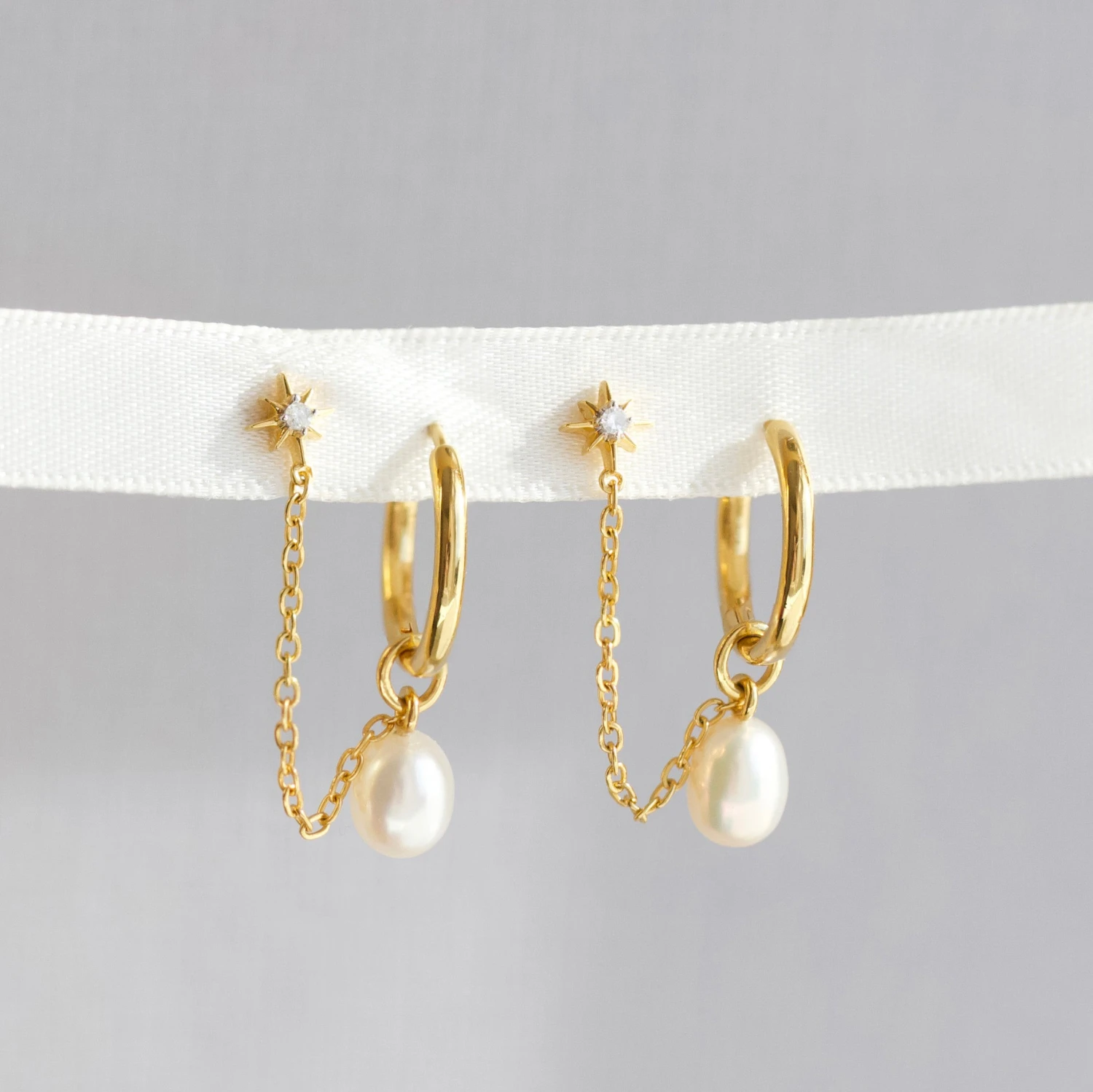 Pearl Hoop & Chain Star Stud Earring 3 Pearl Hoop & Chain Star Stud Earring - Image 3
