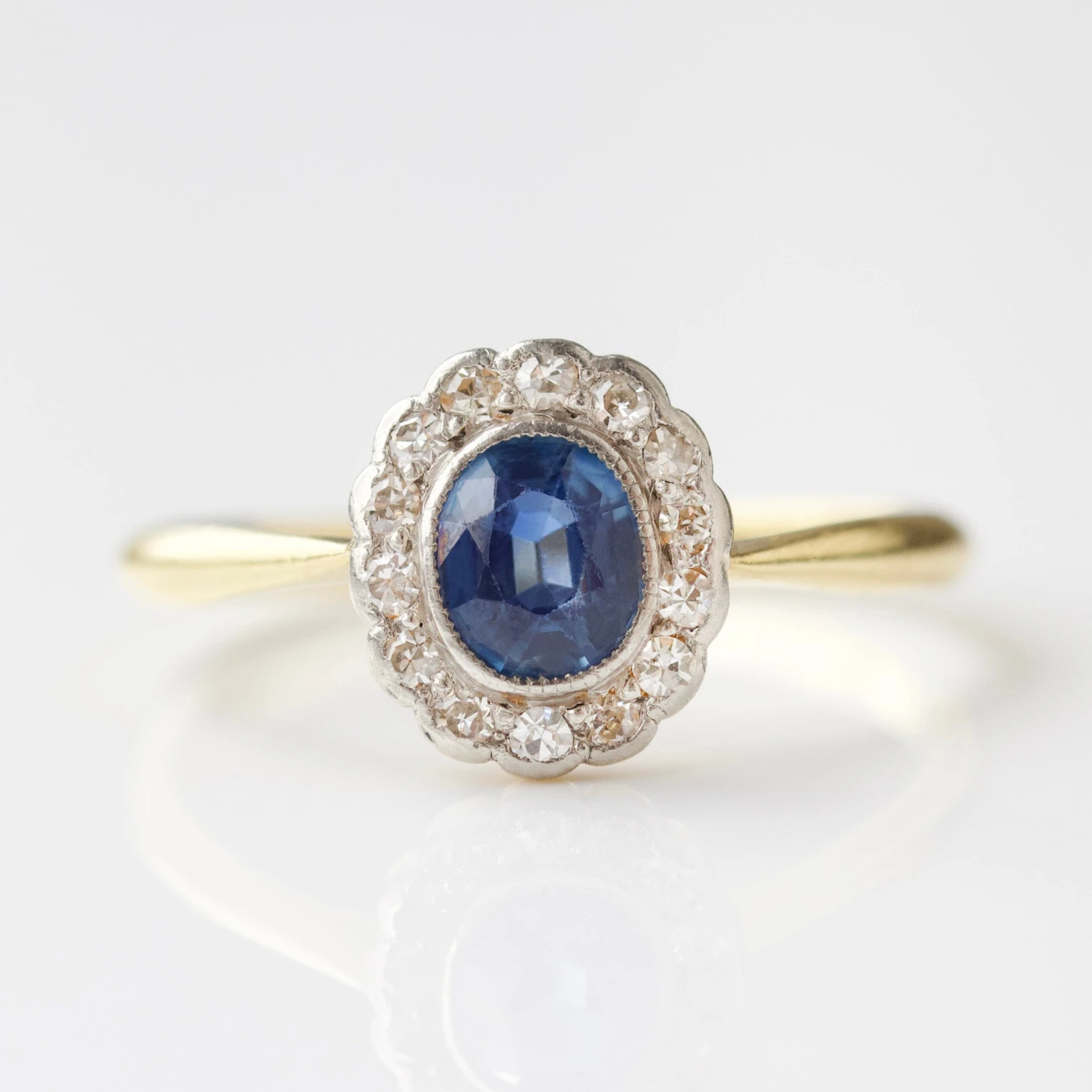 Vintage 18k Yellow Gold Sapphire And Diamond Ring - Uk Size M 1/2 1 Vintage 18k Yellow Gold Sapphire And Diamond Ring - Uk Size M 1/2