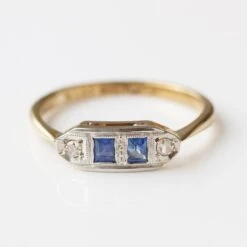 Vintage 9k Yellow Gold And Platinum Sapphire And Diamond Ring- UK Size O