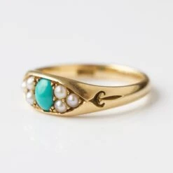 Vintage 18k Yellow Gold Turquoise And Pearl Ring - Uk Size O 11 Vintage 18k Yellow Gold Turquoise And Pearl Ring - Uk Size O -Carrie Elizabeth IMG 8931 copy