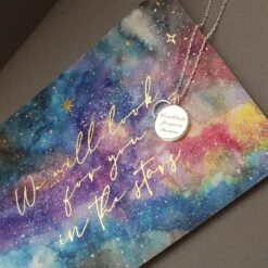 "We Will Look For You In The Stars" Coin Necklace With Crescent Moon Charm -Carrie Elizabeth SilverNecklaceonCardBack scaled