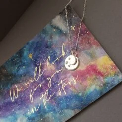 "We Will Look For You In The Stars" Coin Necklace With Crescent Moon Charm -Carrie Elizabeth SilverNecklaceonCardFront scaled